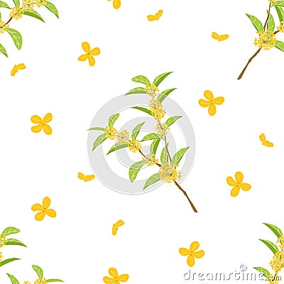 Cute hand drawn flowering tree background. Cartoon fragrant tea olive tree pattern background. Vector Illustration