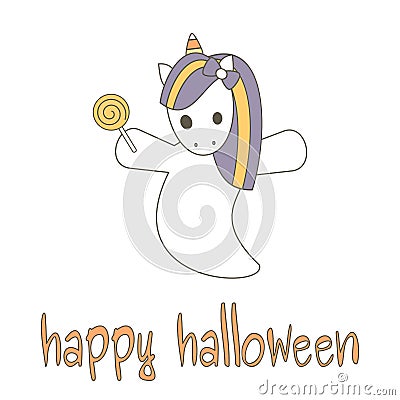 Cute hand drawn happy halloween lettering vector card with unicorn ghost Vector Illustration