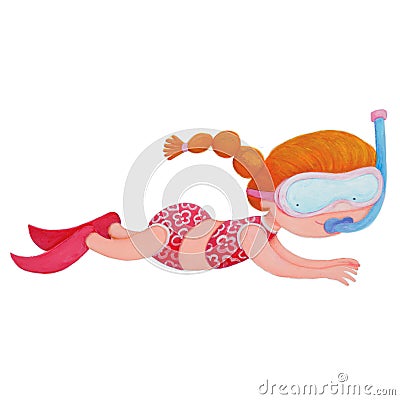 Cute hand drawn illustration of little girl snorkeling Cartoon Illustration