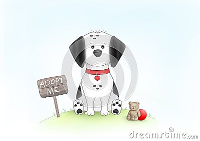 Cute hand drawn illustration of sad puppy dog, sitting on grass next to wooden sign with text adopt me, and teddybear, red ball an Cartoon Illustration