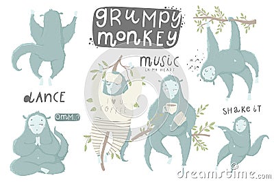 Cute hand drawn illustrations collection with funny and grumpy monkey Vector Illustration
