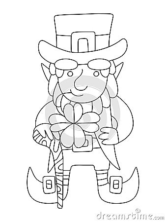 Cute hand-drawn Irish leprechaun with a four-leaf clover and shillelagh linear vector illustration Vector Illustration