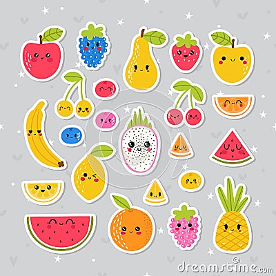 Cute hand drawn kawaii tropical smiling fruit stickers. Healthy lifestyle collection. Set of cartoon characters Vector Illustration