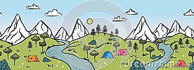 Cute hand drawn landscape with mountains, tents, trees, hills. Simple illustrated landscape, adventure - great for banners, Vector Illustration