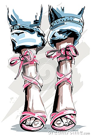 Cute hand drawn legs in shoes. Beautiful summer shoes. Vector Illustration
