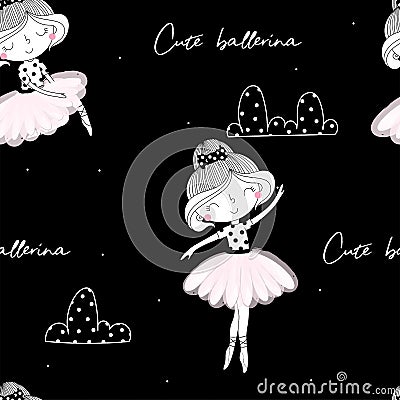 Cute hand drawn with cute little girl ballerina vector seamless pattern illustration Vector Illustration