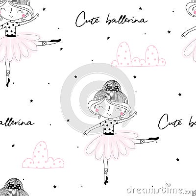 Cute hand drawn with cute little girl ballerina vector seamless pattern illustration Vector Illustration