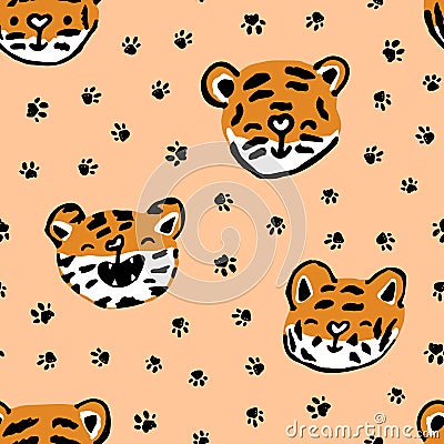 Cute hand drawn little tigers seamless pattern. Vector illustration on pink background, paws footprints are around Vector Illustration