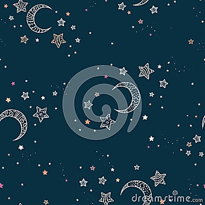 Cute hand drawn night sky seamless pattern with ornate stars and moons, comic background, great for textiles, banners, wallpapers Vector Illustration
