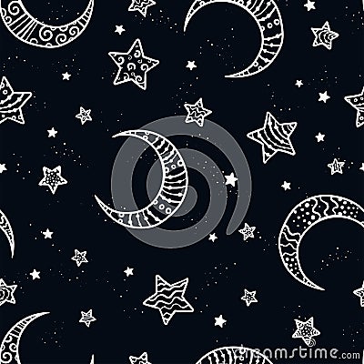 Cute hand drawn night sky seamless pattern with ornate stars and moons, comic background, great for textiles, banners, wallpapers Vector Illustration