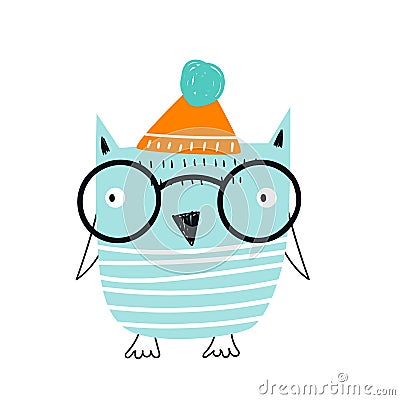Cute hand drawn nursery poster with blue owl bird in glasses and a hat. Vector illustration in candinavian style Cartoon Illustration