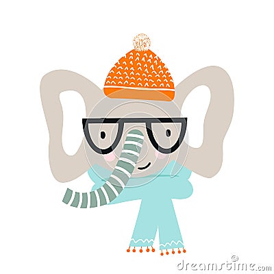 Cute hand drawn nursery poster with elephant animal with glasses and a hat. Vector illustration in candinavian style Cartoon Illustration