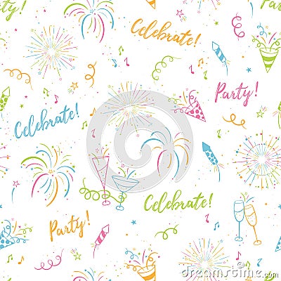 Cute hand drawn party seamless pattern, fun doodle background, great for banners, wallpapers, textiles, wrapping - vector design Vector Illustration