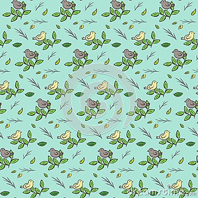 Cute hand drawn pattern with birds on branches Stock Photo
