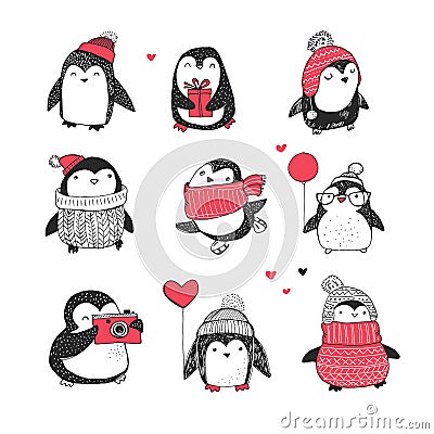 Cute hand drawn penguins set - Merry Christmas greetings Vector Illustration