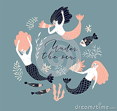 Poster design with swimming mermaids, fish and shell. Underwater background with lettering - `Under water`. Vector illustration. Vector Illustration