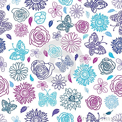 Cute hand drawn seamless garden floral pattern background. Vector Illustration