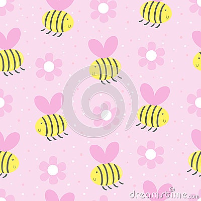Cute hand drawn seamless pattern with Bees and flowers Vector Illustration