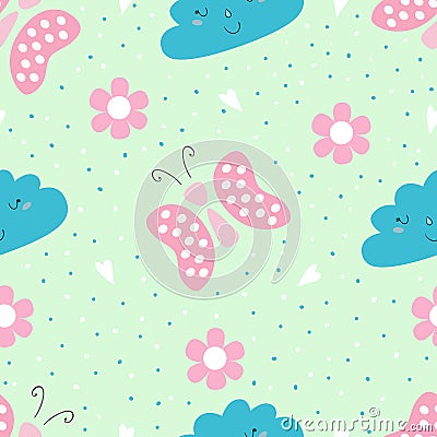 Cute hand drawn seamless pattern with Butterfly and cloud vector illustration Vector Illustration