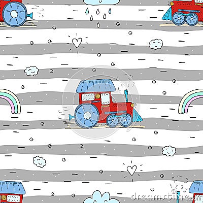 Cute hand drawn seamless pattern with cartoon trains Vector Illustration