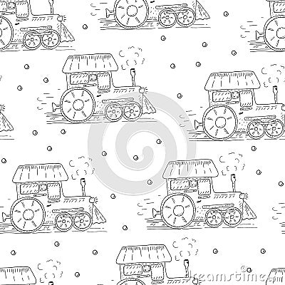 Cute hand drawn seamless pattern with cartoon trains Vector Illustration