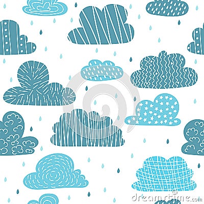 Cute hand drawn seamless pattern with clouds. Funny background Vector Illustration