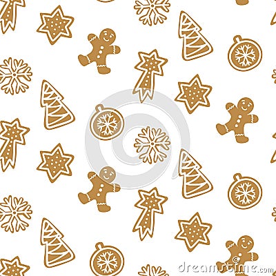 Cute Hand drawn seamless pattern with cookie. Gingerbread on white background repeating wallpaper. Vector Illustration