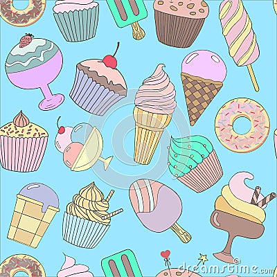 Cute hand drawn seamless pattern with different types of ice cream. Doodle texture with sweet desserts. Editorial Stock Photo