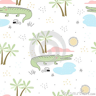 Cute hand drawn seamless pattern with funny crocodiles Vector Illustration