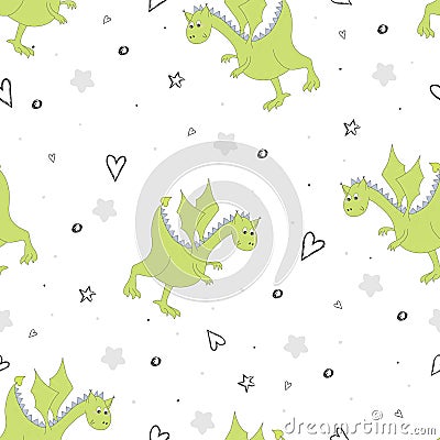 Cute hand drawn seamless pattern with funny dragons Vector Illustration