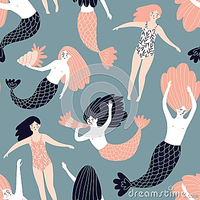 Cute hand-drawn seamless pattern with mermaids and swimming girls. Magic endless design for fabric, wrap paper. Vector Illustration