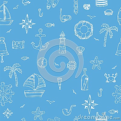 Cute hand drawn seamless pattern with nautical elements. Nautical icons. Marine symbols Vector Illustration
