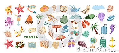 Cute hand drawn set of travel icons. Tourism and camping adventure icons. lipart with travelling elements, bags, transport, Vector Illustration