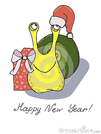 Cute hand-drawn snail on the theme of New Year and Christmas. Humorous illustration with a gift and santa hat. For printing Cartoon Illustration