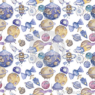 Cute Hand drawn space with rockets and planets, ufo, background. Watercolor cute pattern on space colorful illustration with Cartoon Illustration
