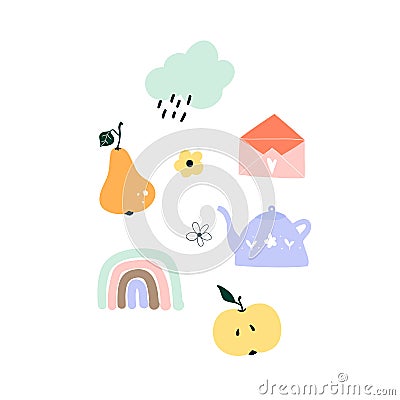 Cute hand drawn spring pear, rainbow, apple, rainy cloud, teapot, envelope Vector Illustration