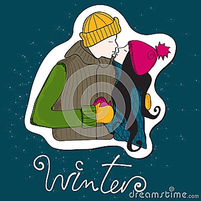 Cute hand drawn style winter couple Vector Illustration