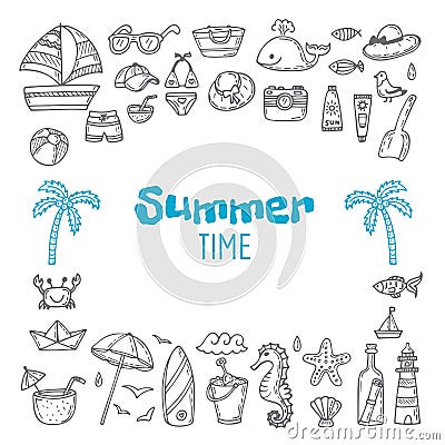 Cute hand drawn summer time collection. Beach theme doodle set. Vector Illustration