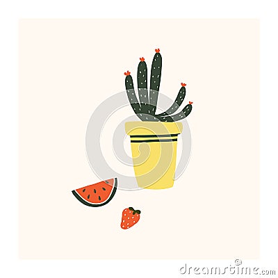 Cute hand drawn tiny potted cactus flower with watermelon and strawberry Vector Illustration