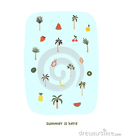 Cute hand drawn tiny summer palm trees and fruits watermelon, dragonfruit, papaya Vector Illustration