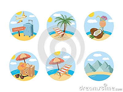 Cute hand drawn travelling round icon set. Tourism and camping adventure icons. Ð¡lipart with travelling elements, sea, beach, Vector Illustration