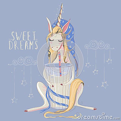 Cute hand drawn unicorn dreaming with big glass of milk with striped straw and blue sleeping hat Vector Illustration