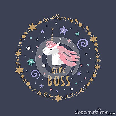 Cute hand drawn unicorn face. Pastel colors. Good for girl prints, birthday invitations, cards. Night time, stars frame Stock Photo