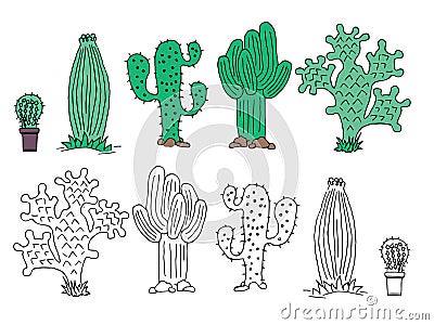 Cute hand drawn vector cactuse in the pots. Vector illustration. Vector Illustration