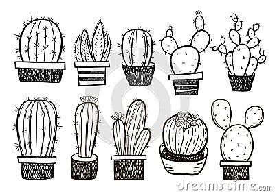 Cute hand drawn vector cactuse in the pots set Vector Illustration