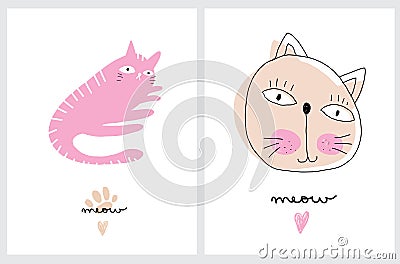 Cute Hand Drawn Vector Illustration with Funny Cream and Pink Cats. Vector Illustration