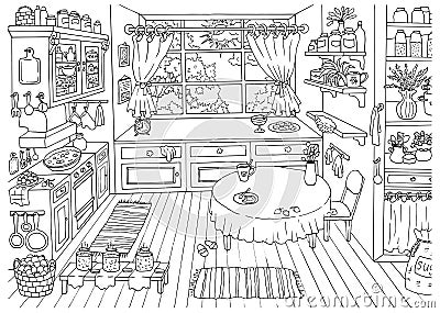 Cute hand drawn vector illustration of vintage country style kitchen with nobody, funny scene creator Vector Illustration