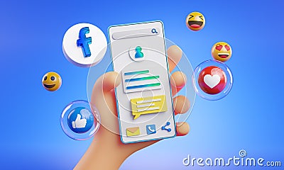 Cute Hand Holding Phone Facebook Icons Around 3D Rendering Editorial Stock Photo