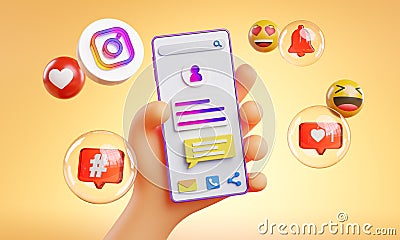 Cute Hand Holding Phone Instagram Icons Around 3D Rendering Editorial Stock Photo