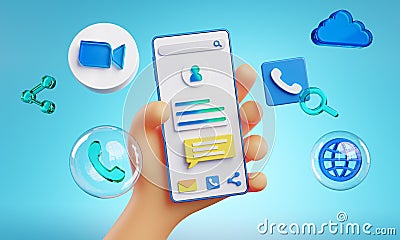 Cute Hand Holding Phone Zoom Icons Around 3D Rendering Editorial Stock Photo